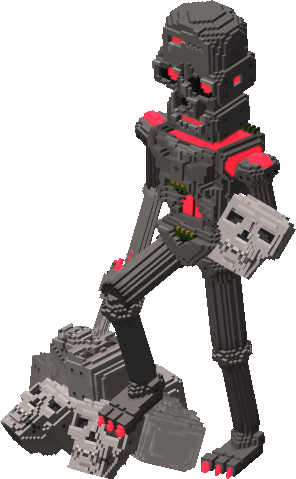 Red Killer Robot Standing on a Pile of Skulls